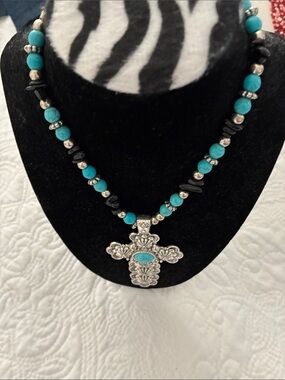 Source Unknown Turquoise and Black Beaded Cross Necklace